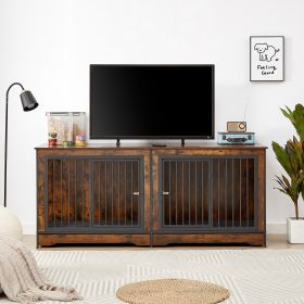 Super Large Dog Crate Furniture For Two Dogs With Tray, TV Stand. Rustic Brown, 75W X 26.4D X 32.3H. (Option: Rustic Brown)